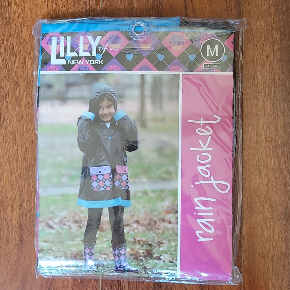 Lilly of New York  Rain Jacket Waterproof Black Blue Trim Cupcake Girls 4-6X NEW